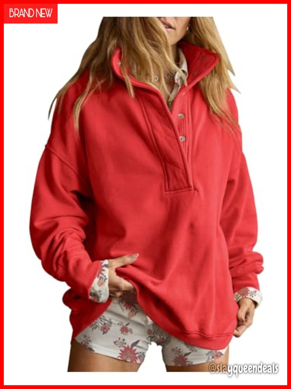 Oversized Henley Neck Pullover Sweatshirt